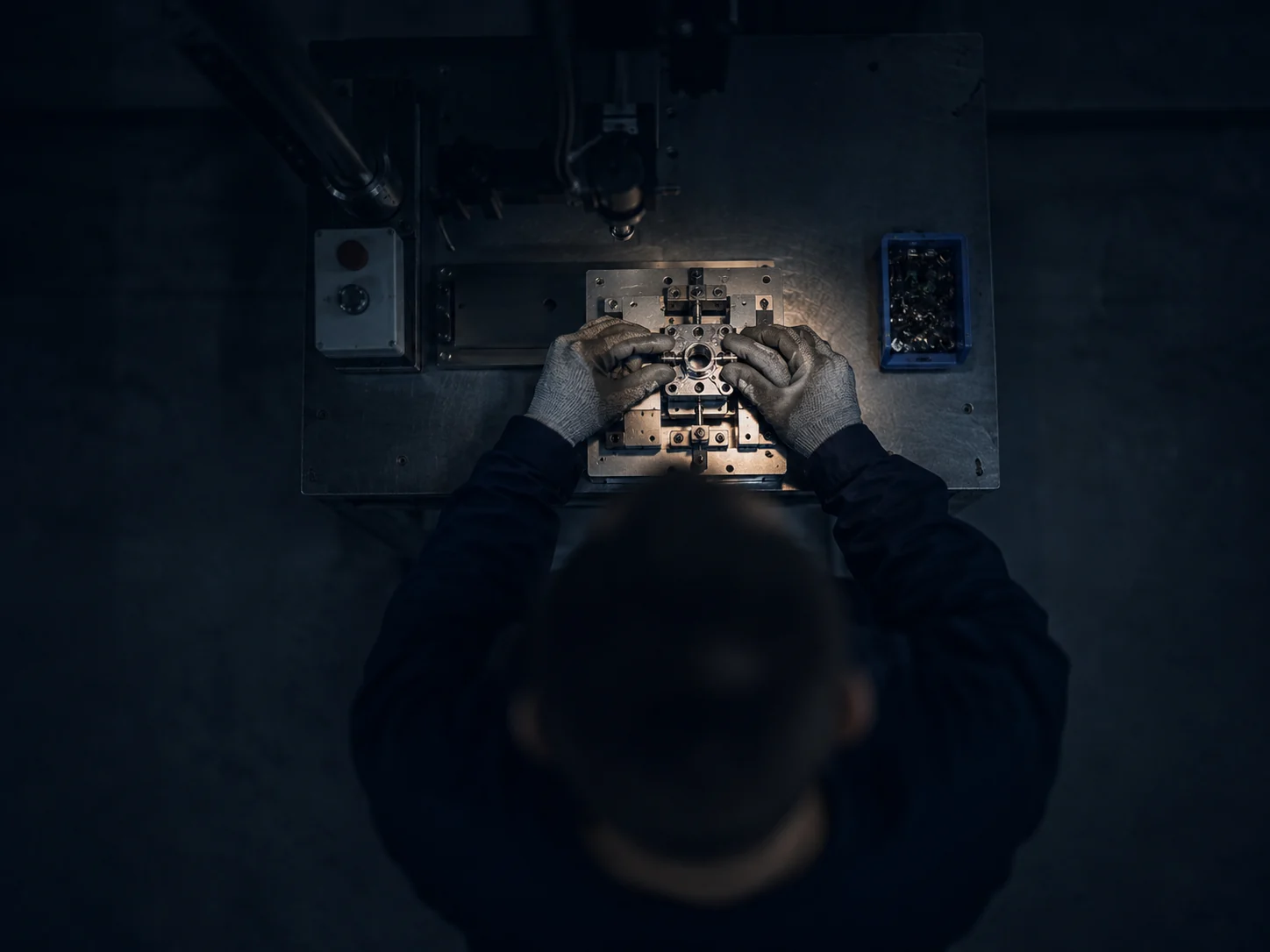 An overhead view of an assembly station, the work in frame and the operator not identifiable